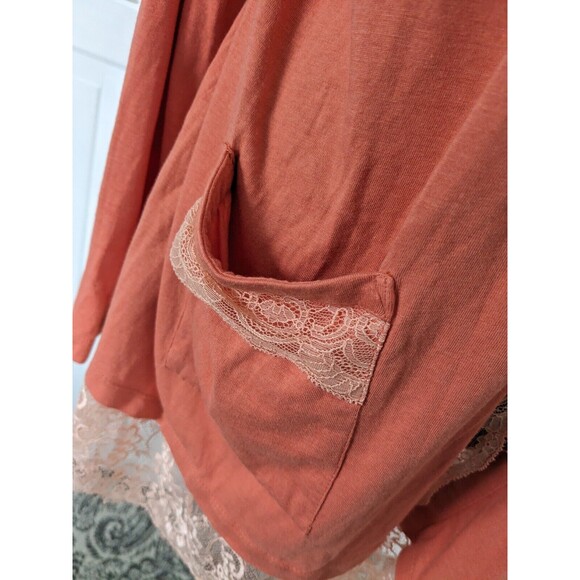 LOGO Lori Goldstein Cardigan Women sz M Coral/Orange CottonModal OpenFront Lace - Picture 4 of 12